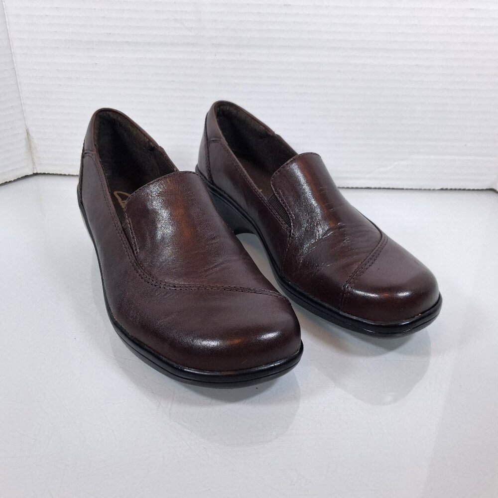Clarks Women's May Poppy Brown Leather Loafer Wedge Heel Comfort Shoes Size 6.5